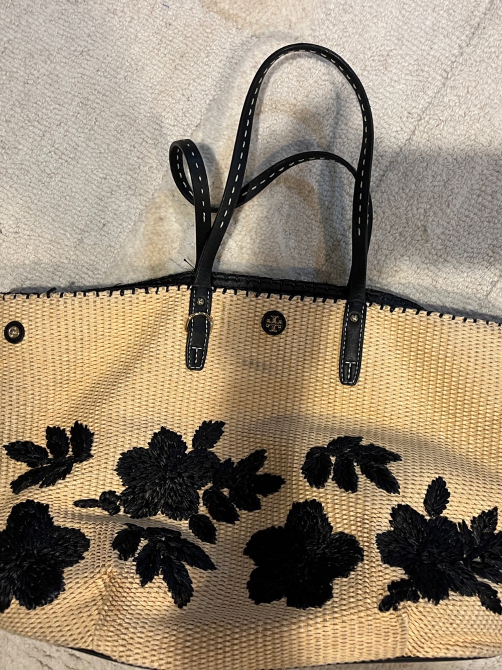 Tory Burch Natural Straw Tote with Black Floral Embroidery